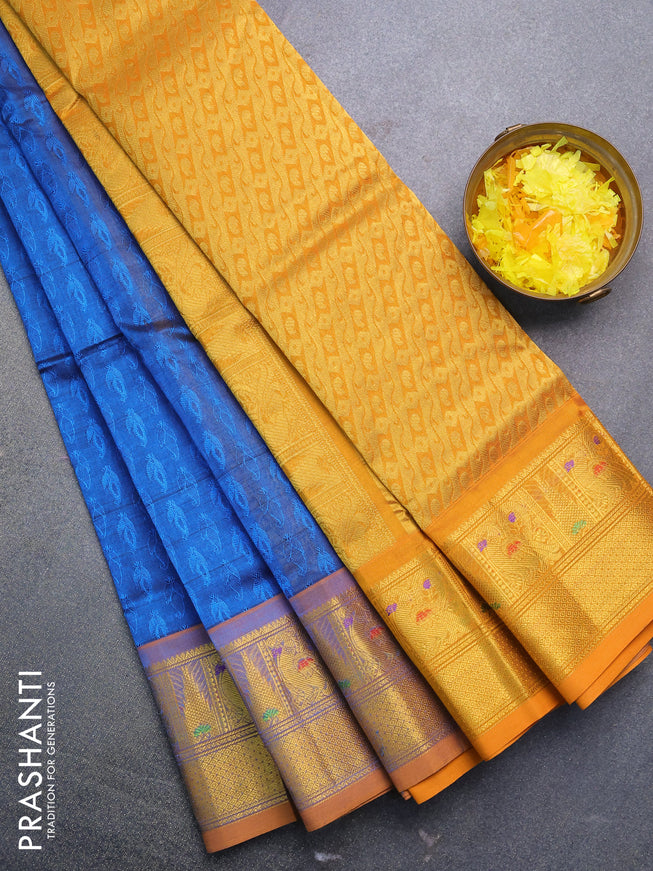 Silk cotton saree cs blue and mustard yellow with allover self emboss jacquard and annam zari woven border