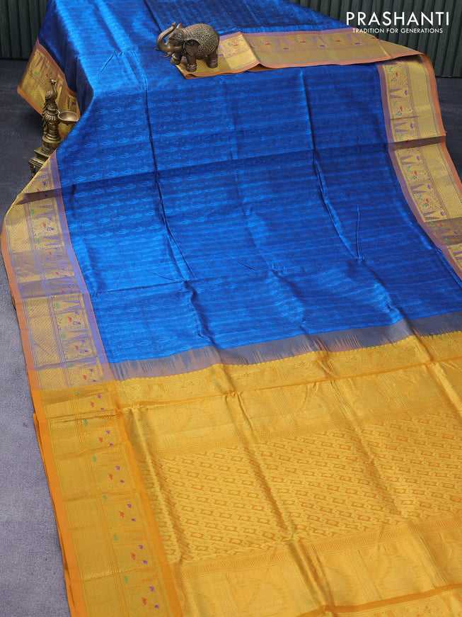 Silk cotton saree cs blue and mustard yellow with allover self emboss jacquard and annam zari woven border