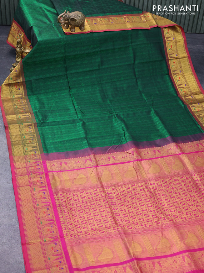 Silk cotton saree green and pink with allover self emboss jacquard and annam zari woven border