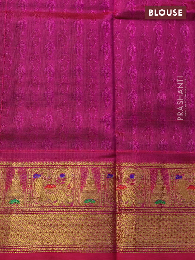 Silk cotton saree green and pink with allover self emboss jacquard and annam zari woven border