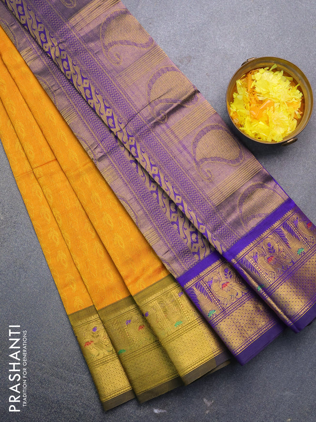 Silk cotton saree mango yellow and blue with allover self emboss jacquard and annam zari woven border