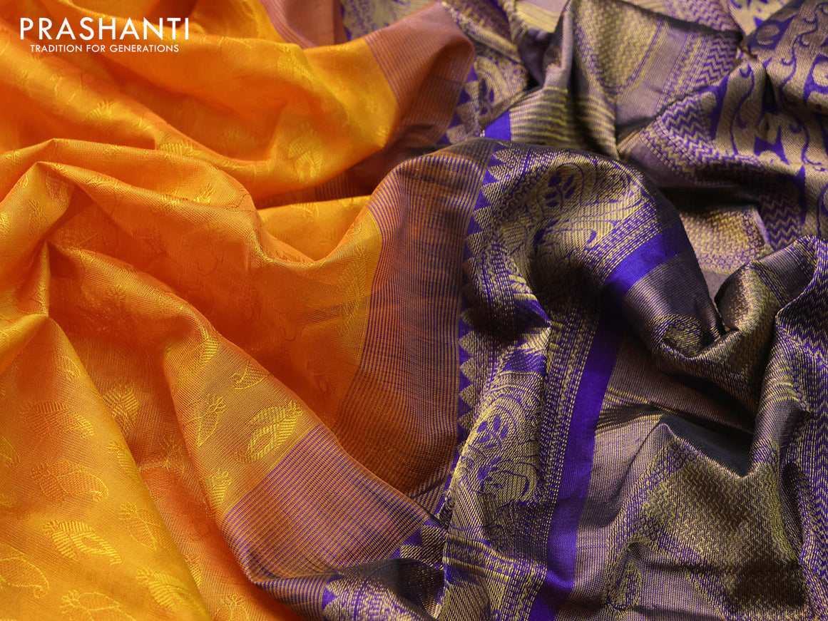 Silk cotton saree mango yellow and blue with allover self emboss jacquard and annam zari woven border