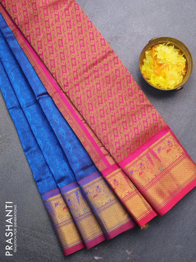 Silk cotton saree cs blue and dual shade of pink with allover self emboss jacquard and annam zari woven border