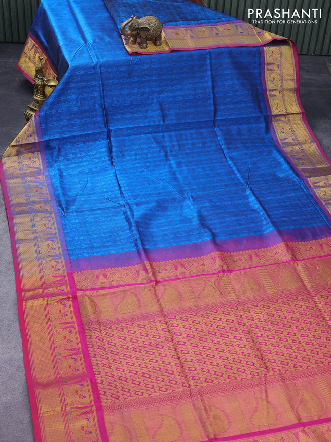 Silk cotton saree cs blue and dual shade of pink with allover self emboss jacquard and annam zari woven border