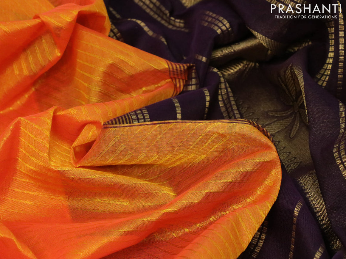 Silk cotton saree orange and deep jamun shade with allover self emboss jacquard and zari woven border
