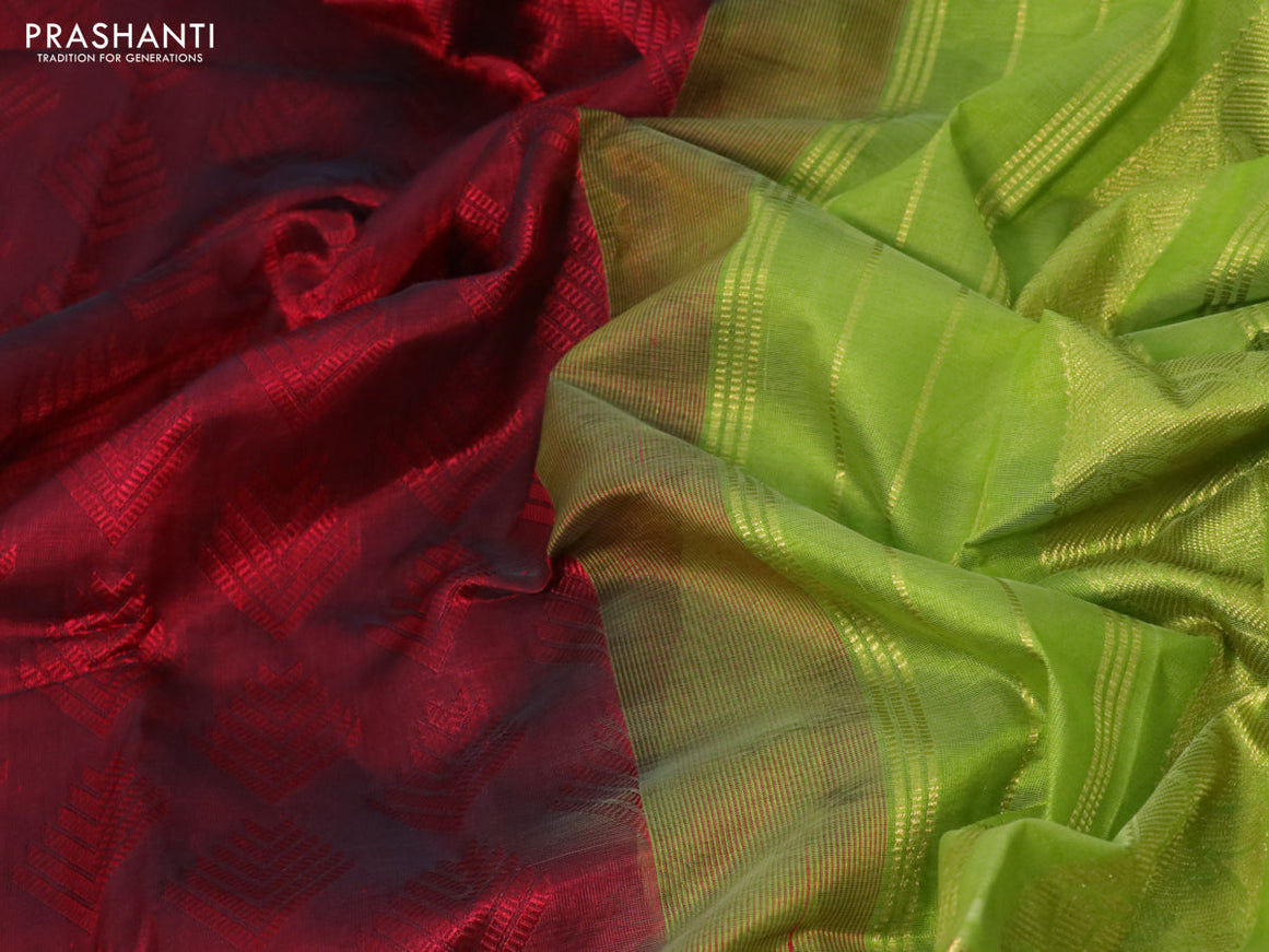 Silk cotton saree maroon and light green with allover self emboss jacquard and zari woven border