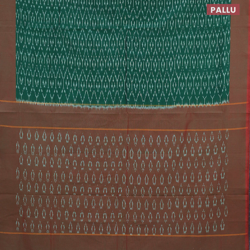 Ikat cotton saree green and red shade with allover ikat weaves and simple border without blouse