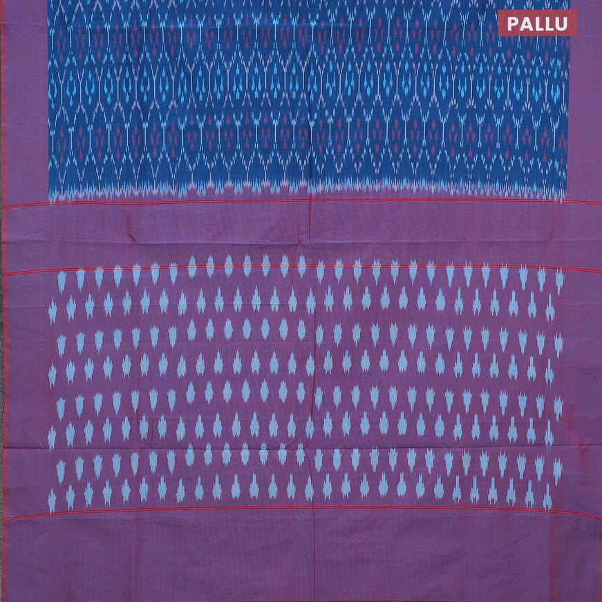 Ikat cotton saree peacock blue and rust shade with allover ikat weaves and simple border without blouse