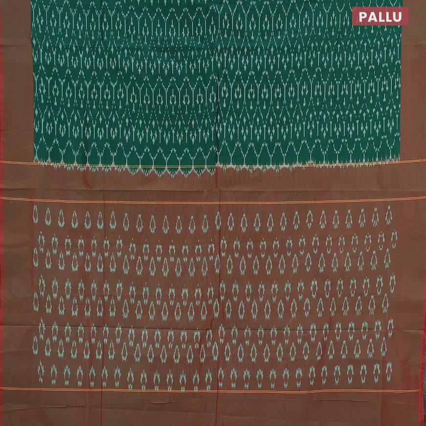 Ikat cotton saree green and dual shade of red with allover ikat weaves and simple border without blouse
