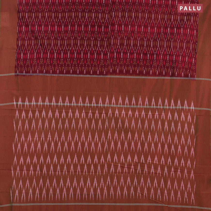 Ikat cotton saree maroon and dual shade of green with allover ikat weaves and simple border without blouse