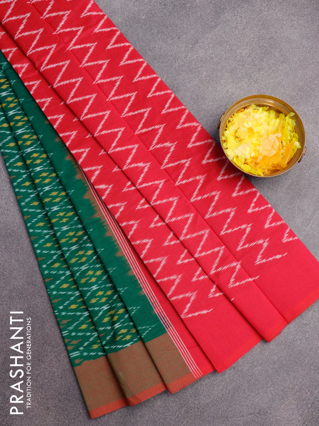 Ikat cotton saree green and pink with allover ikat weaves and simple border without blouse