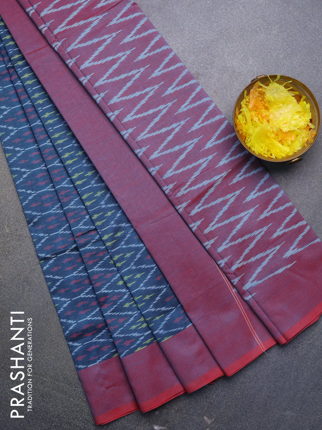 Ikat cotton saree peacock blue and maroon shade with allover ikat weaves and simple border without blouse
