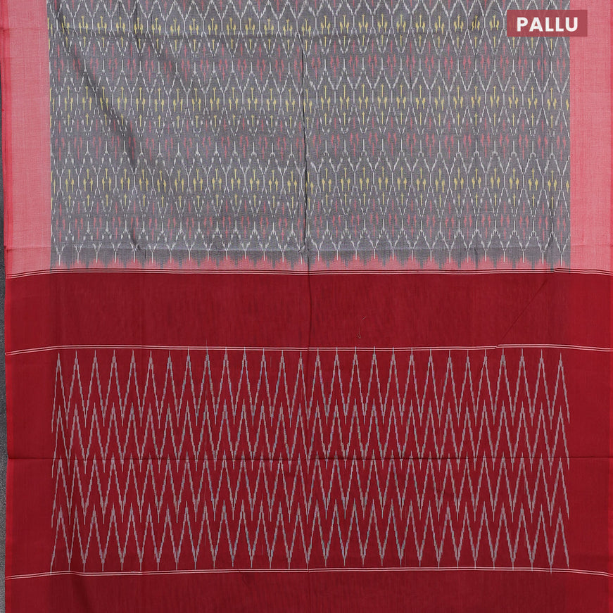 Ikat cotton saree grey and maroon shade with allover ikat weaves and simple border without blouse