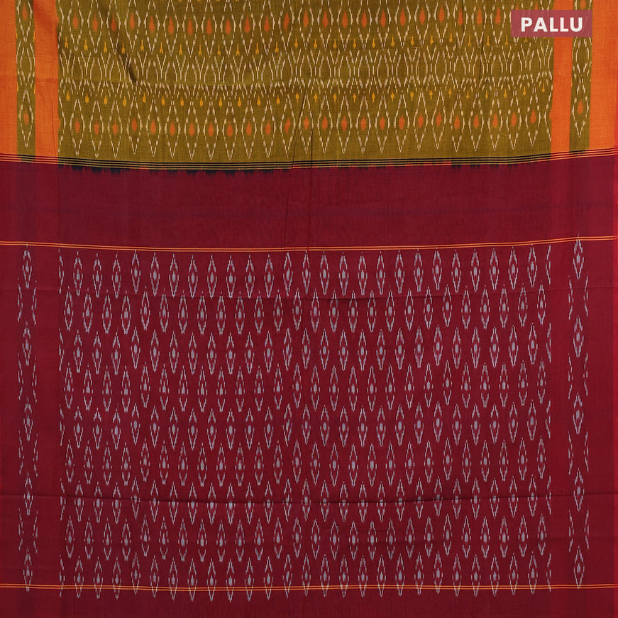 Ikat cotton saree mehendi green and maroon shade with allover ikat weaves and simple border without blouse