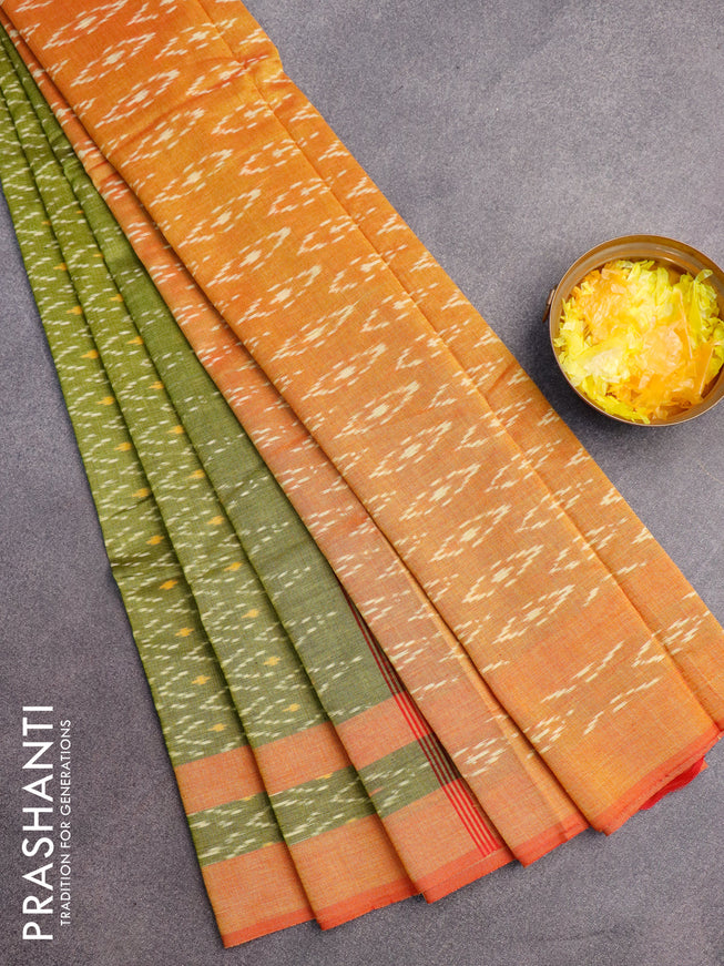 Ikat cotton saree light green and red shade with allover ikat weaves and simple border without blouse