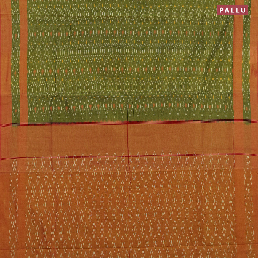 Ikat cotton saree light green and red shade with allover ikat weaves and simple border without blouse