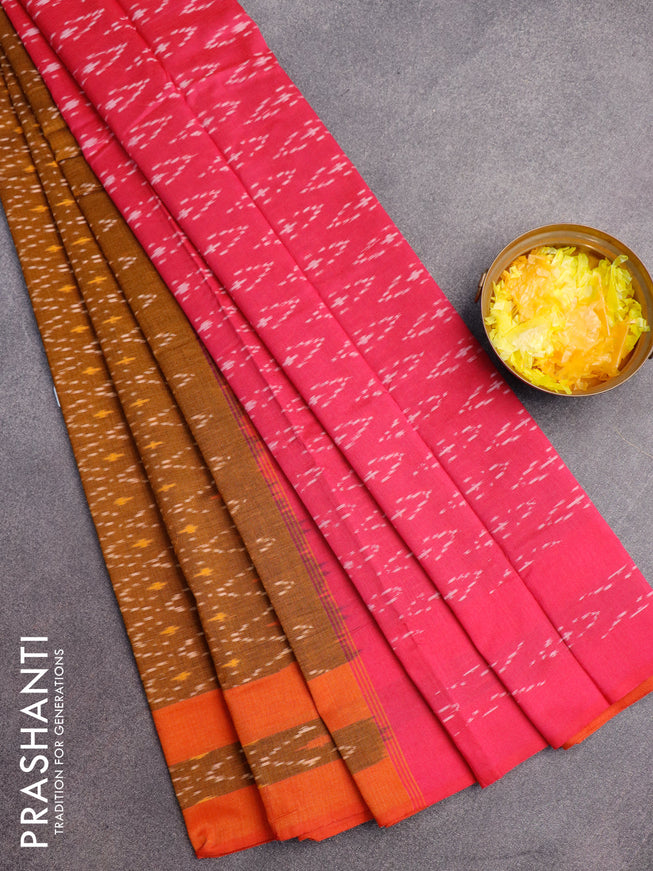 Ikat cotton saree mustard shade and pink with allover ikat weaves and simple border without blouse