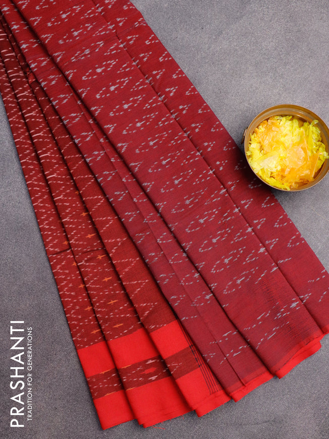 Ikat cotton saree maroon and red with allover ikat weaves and simple border without blouse