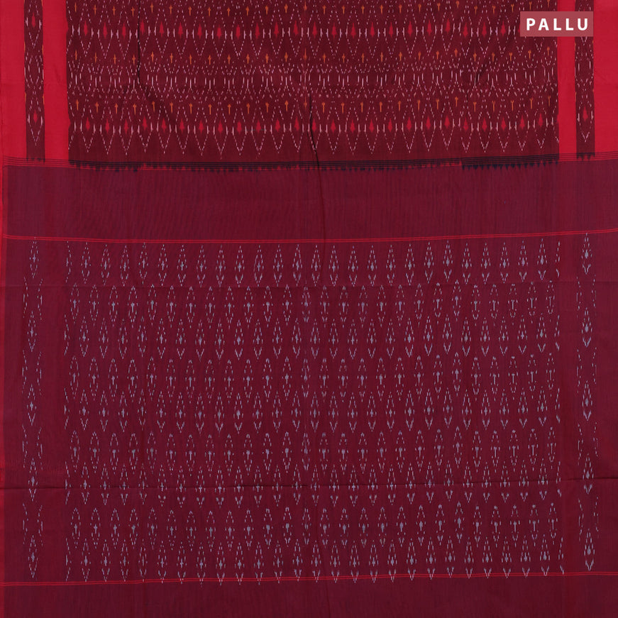 Ikat cotton saree maroon and red with allover ikat weaves and simple border without blouse
