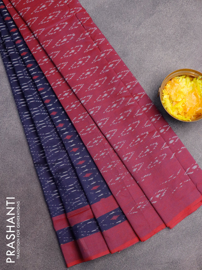 Ikat cotton saree dark blue and maroon shade with allover ikat weaves and simple border without blouse