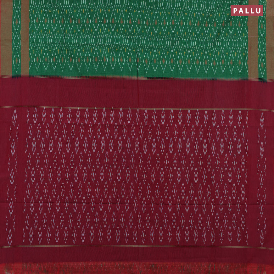 Ikat cotton saree green and maroon shade with allover ikat weaves and simple border without blouse