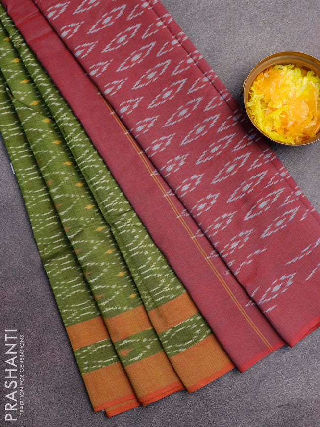 Ikat cotton saree green and dual shade of maroon with allover ikat weaves and simple border without blouse