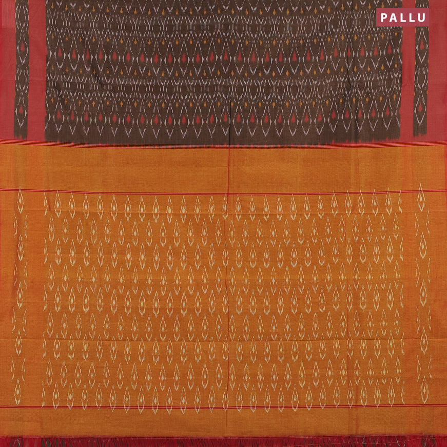 Ikat cotton saree brown shade and red shade with allover ikat weaves and simple border without blouse