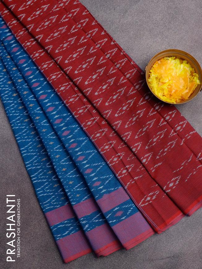Ikat cotton saree peacock blue and maroon shade with allover ikat weaves and simple border without blouse