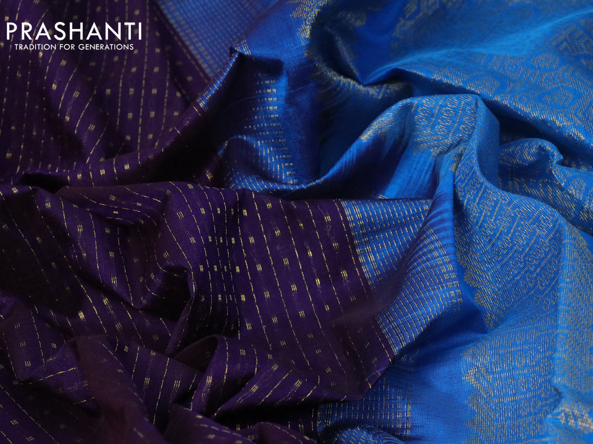 10 yards silk cotton saree deep violet and cs blue with allover zari weaves & buttas and zari woven border