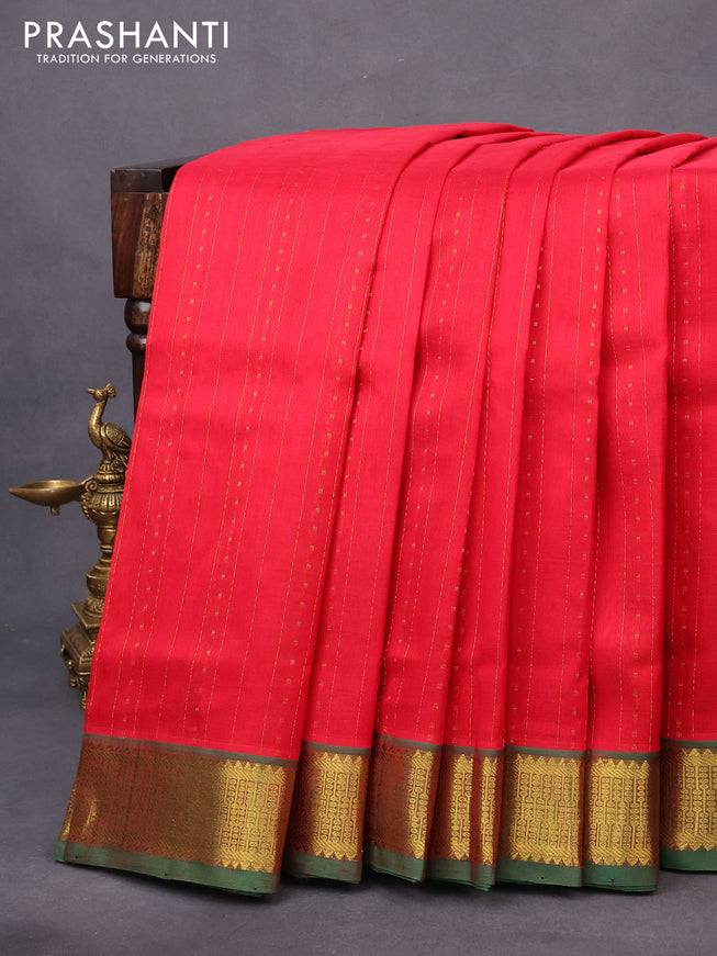 10 yards silk cotton saree red and green with allover zari weaves & buttas and zari woven border