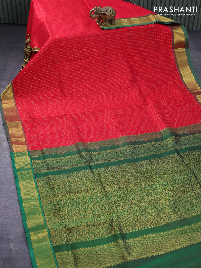 10 yards silk cotton saree red and green with allover zari weaves & buttas and zari woven border