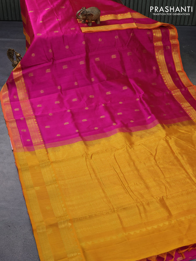 10 yards silk cotton saree magenta pink and mustard yellow with annam & rudhraksha zari woven border and rettapet zari woven border