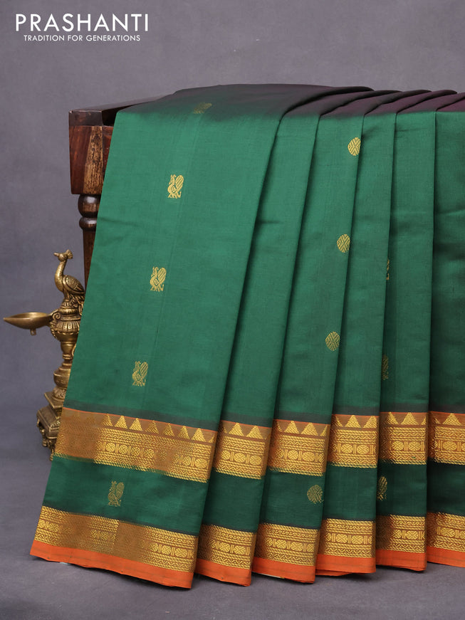 10 yards silk cotton saree green and dual shade of pinkish orange with annam & rudhraksha zari woven border and rettapet zari woven border