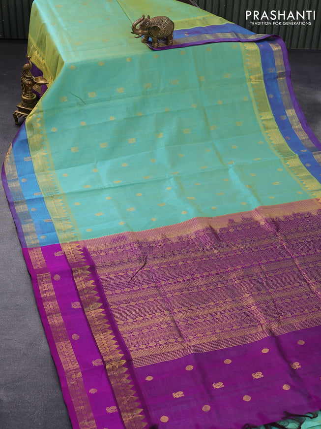 10 yards silk cotton saree dual shade of teal blue and purple with annam & rudhraksha zari woven border and rettapet zari woven border