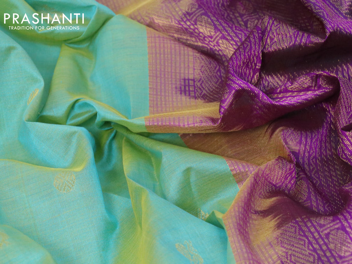 10 yards silk cotton saree dual shade of teal blue and purple with annam & rudhraksha zari woven border and rettapet zari woven border