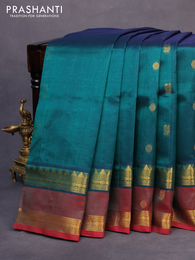 10 yards silk cotton saree peacock green and red with annam & rudhraksha zari woven border and rettapet zari woven border