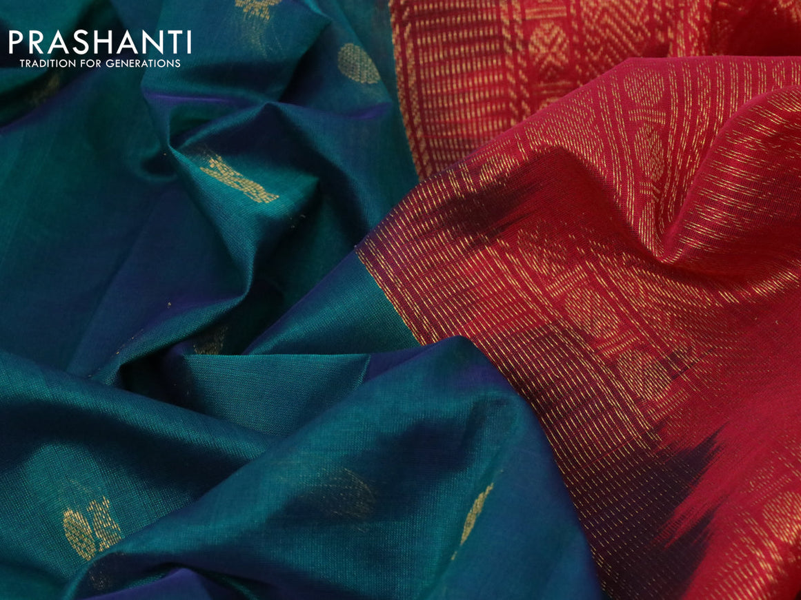 10 yards silk cotton saree peacock green and red with annam & rudhraksha zari woven border and rettapet zari woven border