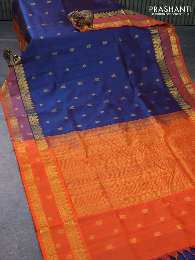10 yards silk cotton saree peacock blue and orange with annam & rudhraksha zari woven border and rettapet zari woven border