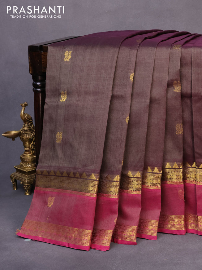 10 yards silk cotton saree dark grey and pink with annam & rudhraksha zari woven border and rettapet zari woven border