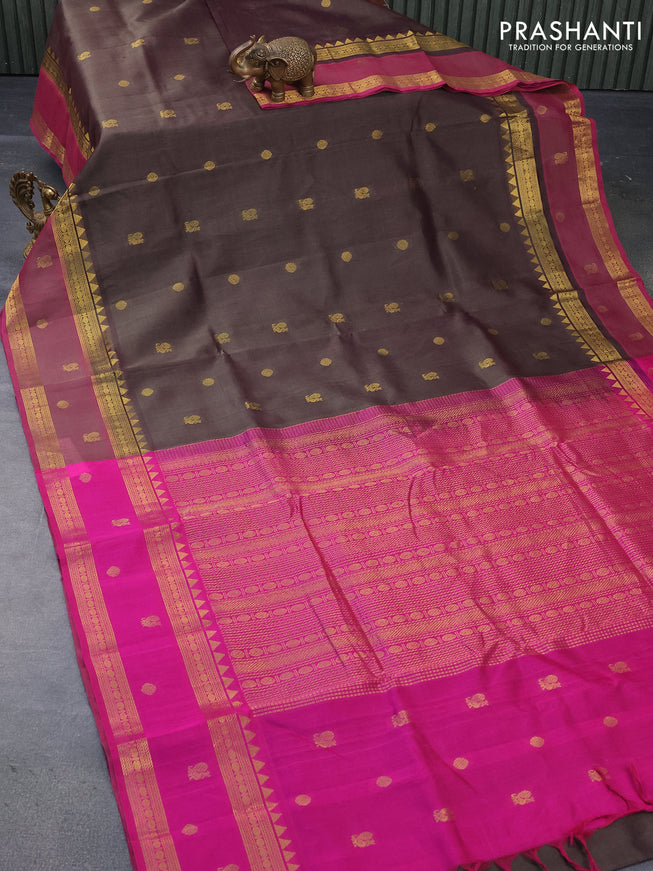 10 yards silk cotton saree dark grey and pink with annam & rudhraksha zari woven border and rettapet zari woven border