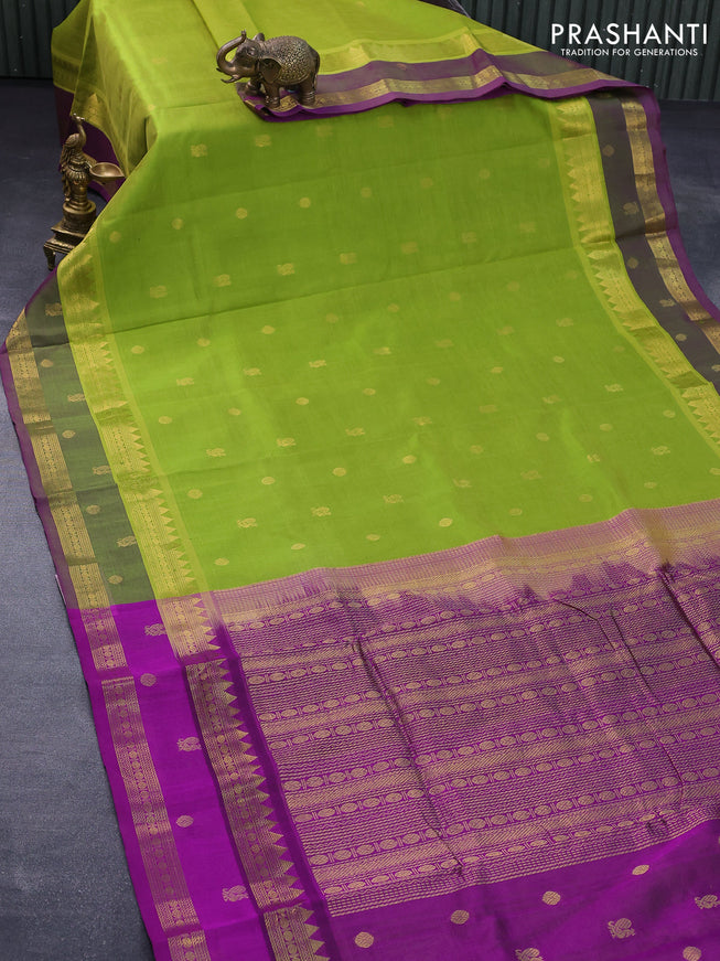 10 yards silk cotton saree lime green and purple with annam & rudhraksha zari woven border and rettapet zari woven border