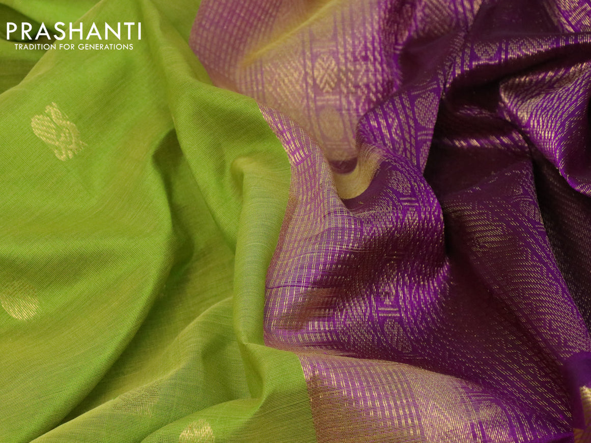 10 yards silk cotton saree lime green and purple with annam & rudhraksha zari woven border and rettapet zari woven border