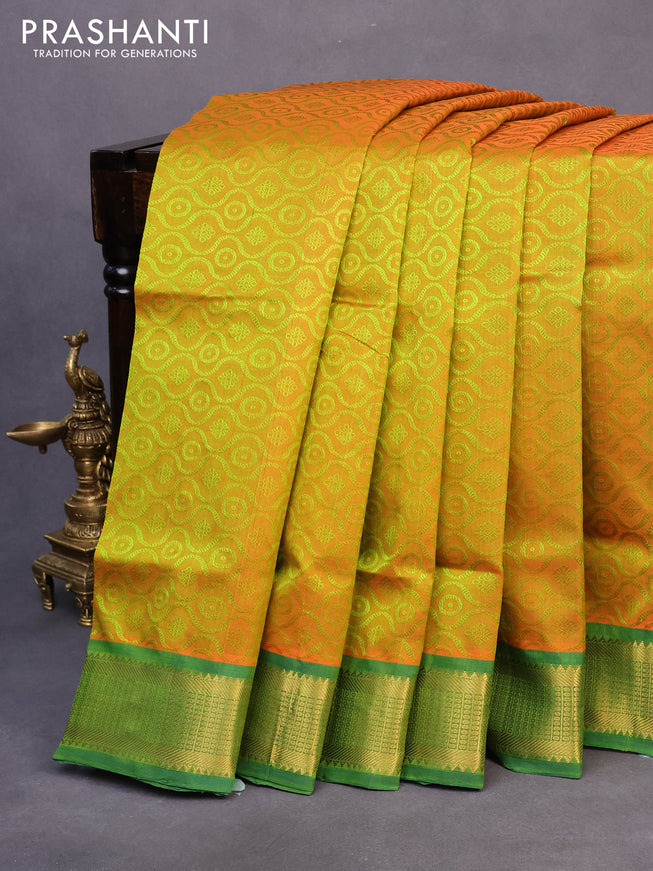 10 yards silk cotton saree dual shade of greenish orange and dark green with allover self emboss jacquard and zari woven border