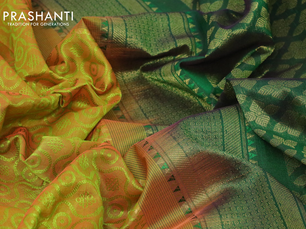 10 yards silk cotton saree dual shade of greenish orange and dark green with allover self emboss jacquard and zari woven border
