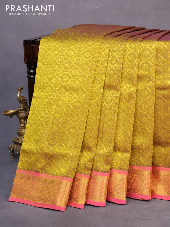 10 yards silk cotton saree olive green and magenta pink with allover self emboss jacquard and zari woven border