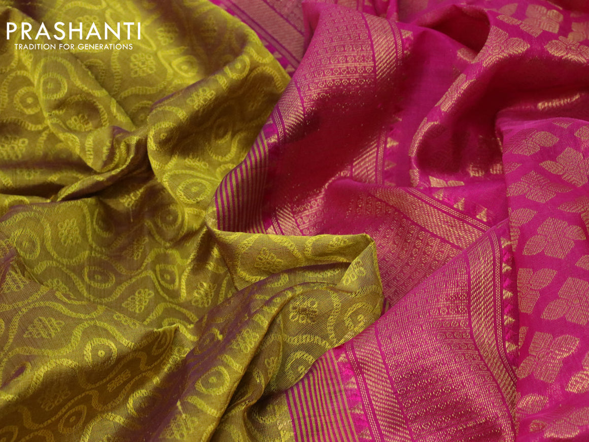 10 yards silk cotton saree olive green and magenta pink with allover self emboss jacquard and zari woven border