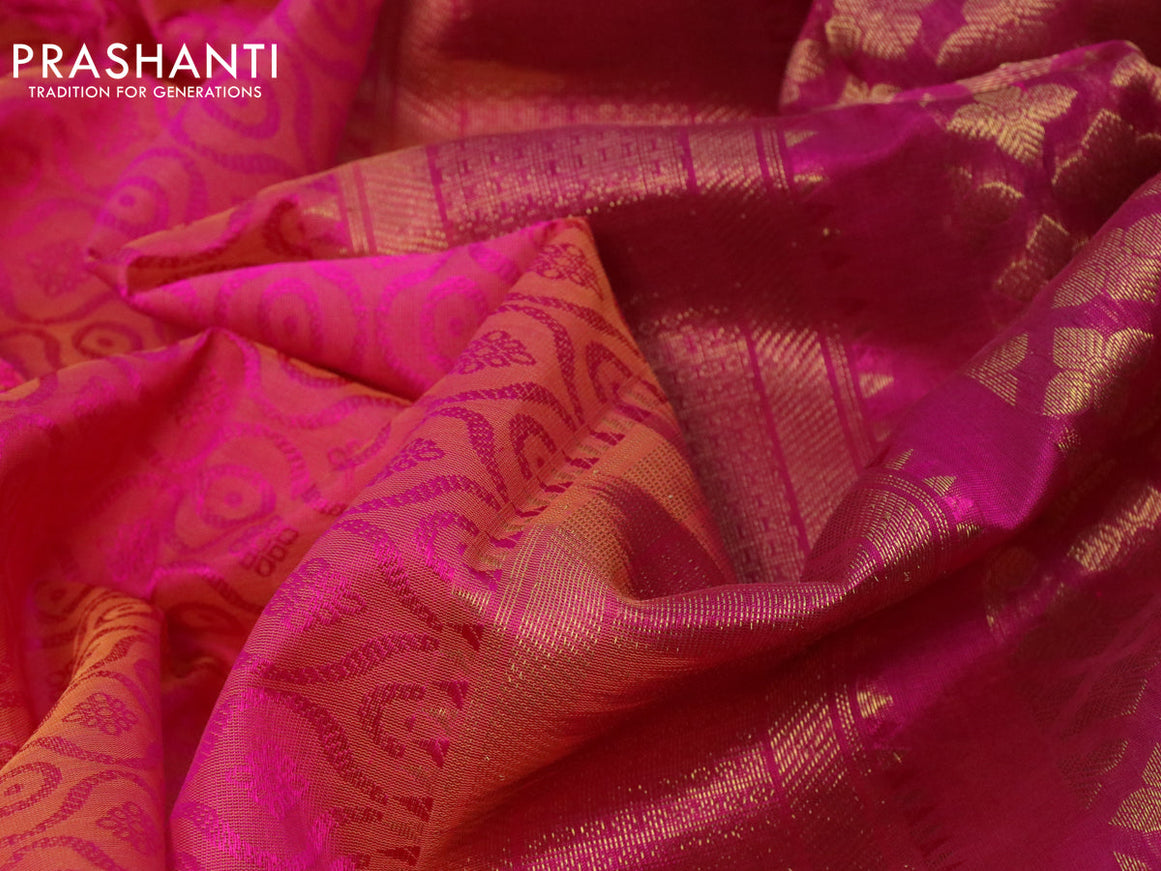 10 yards silk cotton saree dual shade of pinkish orange and magenta pink with allover self emboss jacquard and zari woven border
