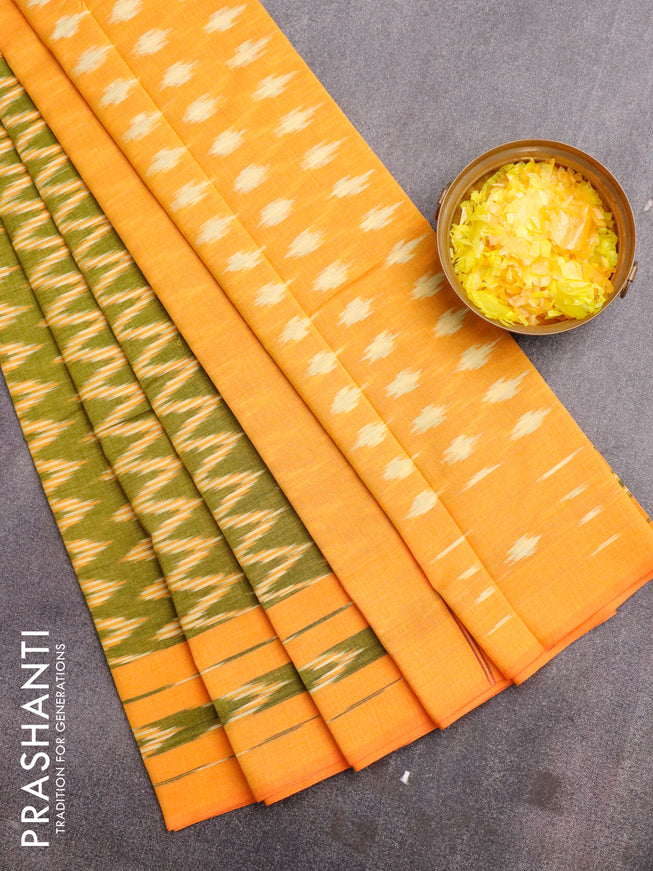 Ikat cotton saree lime green and orange with zig zag weaves and simple border without blouse