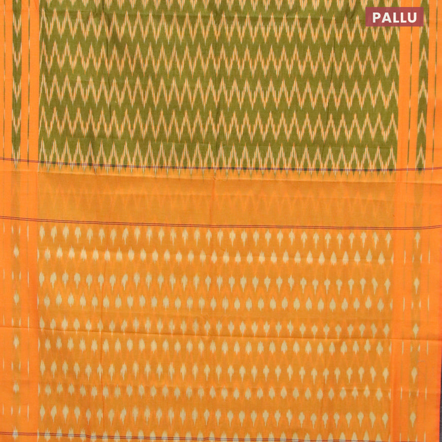 Ikat cotton saree lime green and orange with zig zag weaves and simple border without blouse