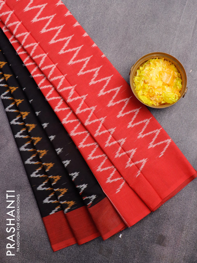 Ikat cotton saree black and maroon with zig zag weaves and simple border without blouse